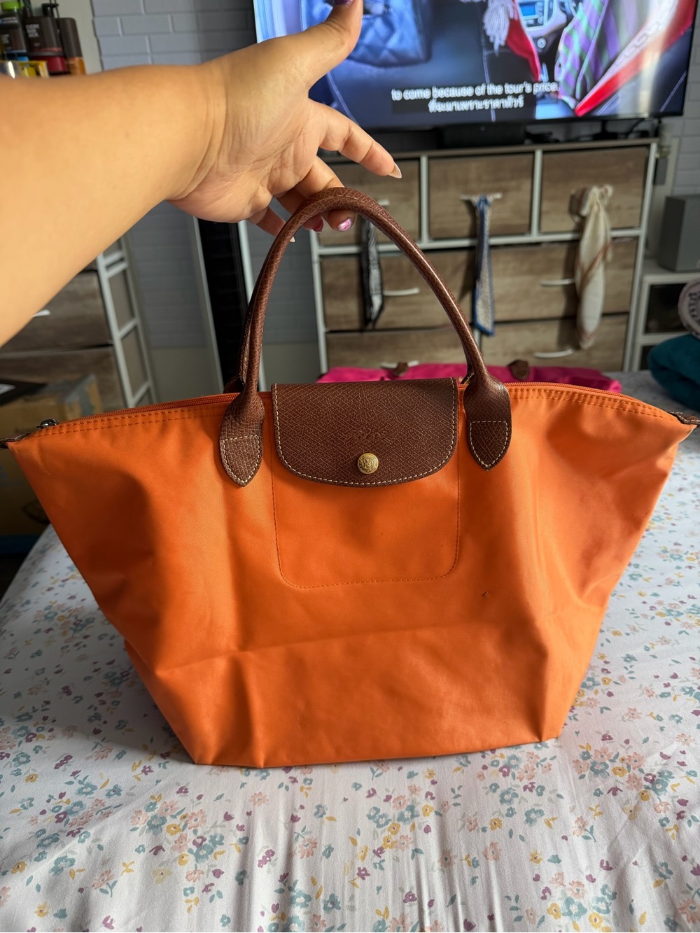 Longchamp Orange Tote with Brown Trim
